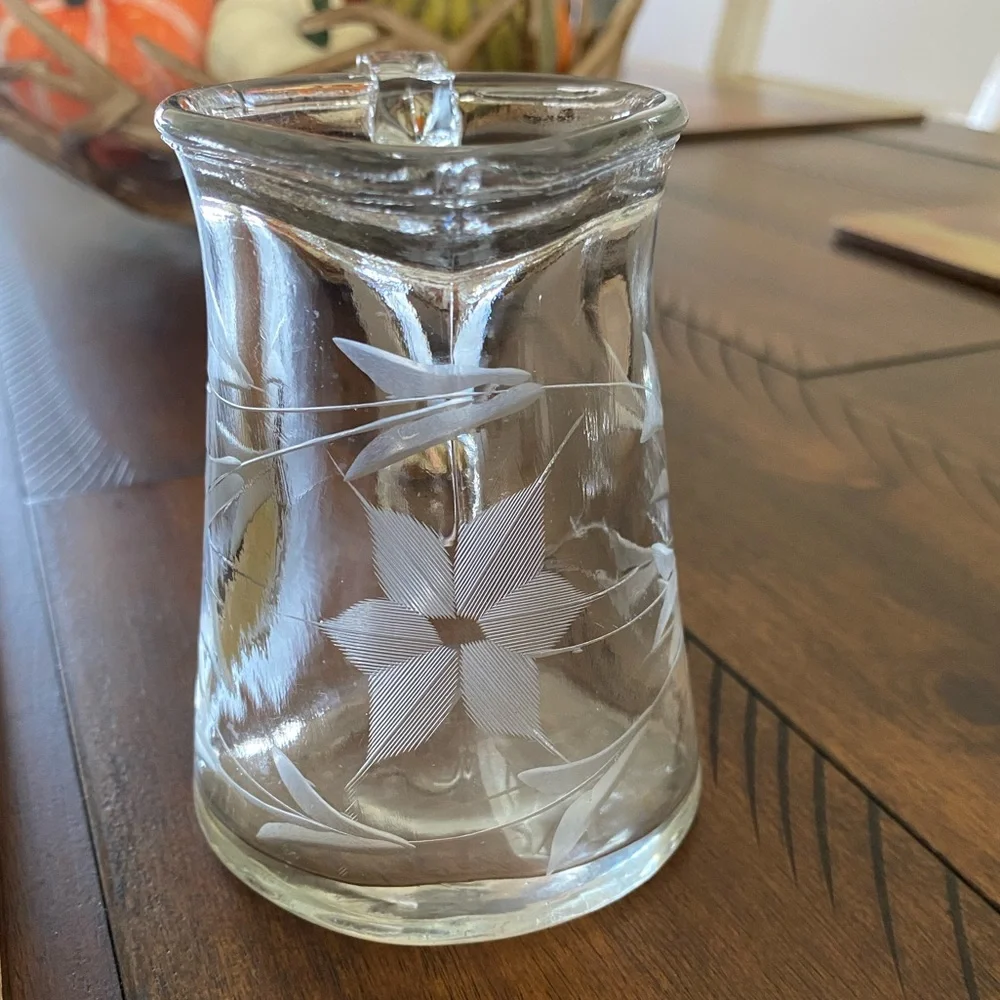 Vintage Etched Glass Creamer Pitcher with Delicate Floral Design and Handle